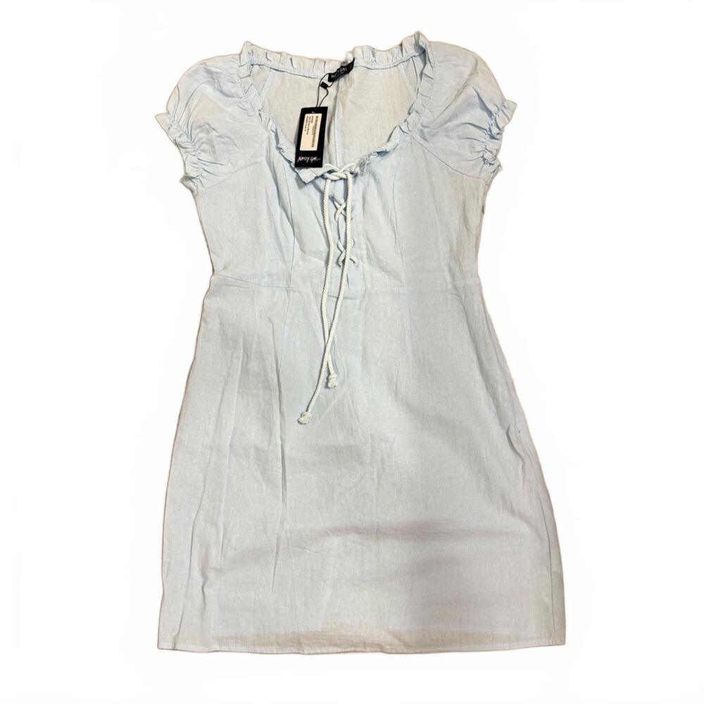{SOLD} NWT Nasty Gal Light Blue Linen Lace Up Mini Dress- Size 8 - Picture 2 of 9